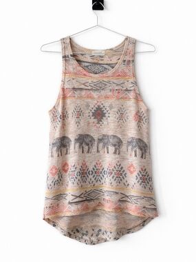 Ginger G Beige Tank Top with Coral and Gray Tribal Elephant Print